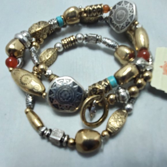 Ruff hewn 3pc boho stretch charm  bracelet gold , silver. aqua - Picture 2 of 6